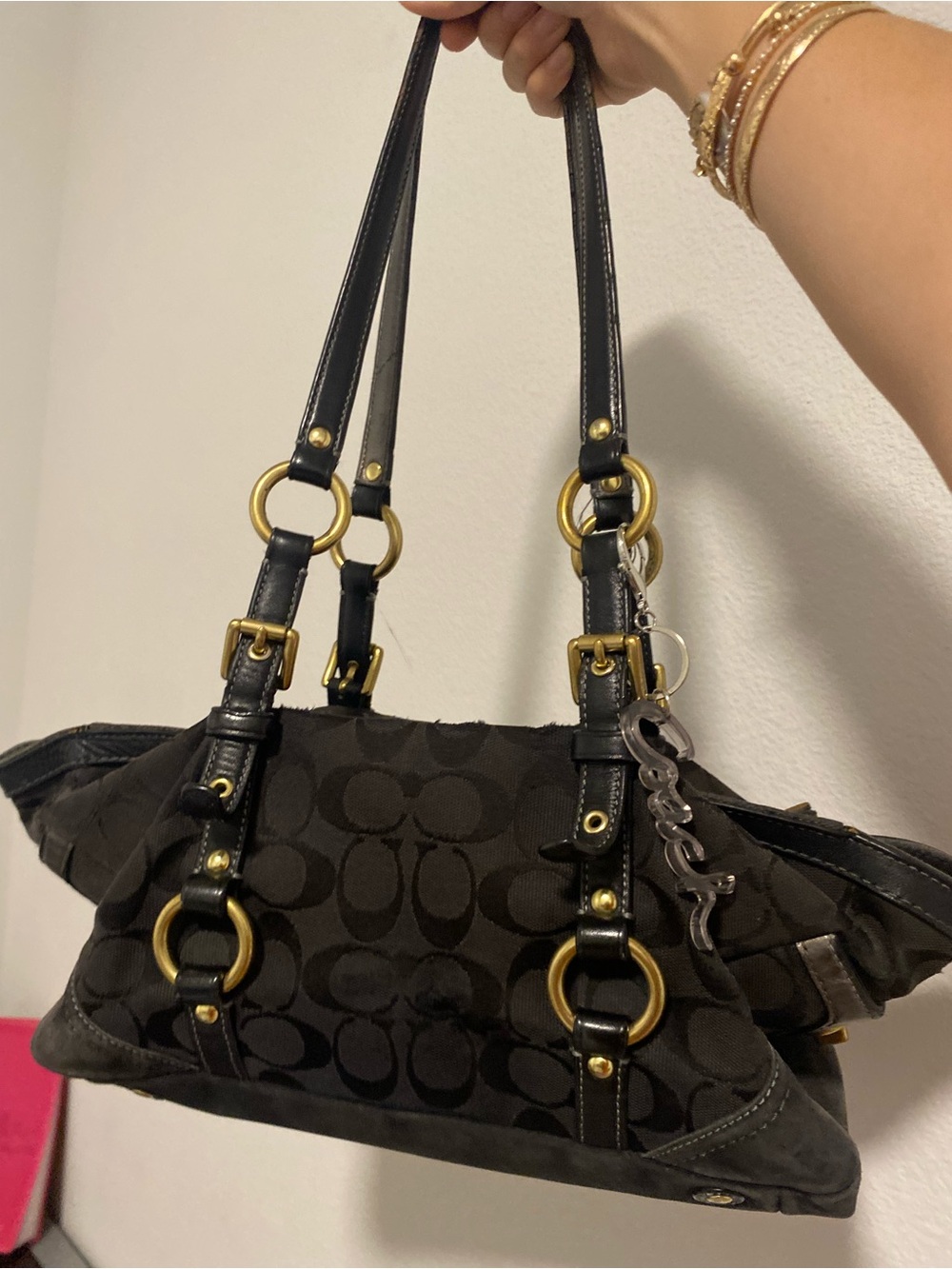 Designer-Inspired Black Logo Jacquard Shoulder Bag